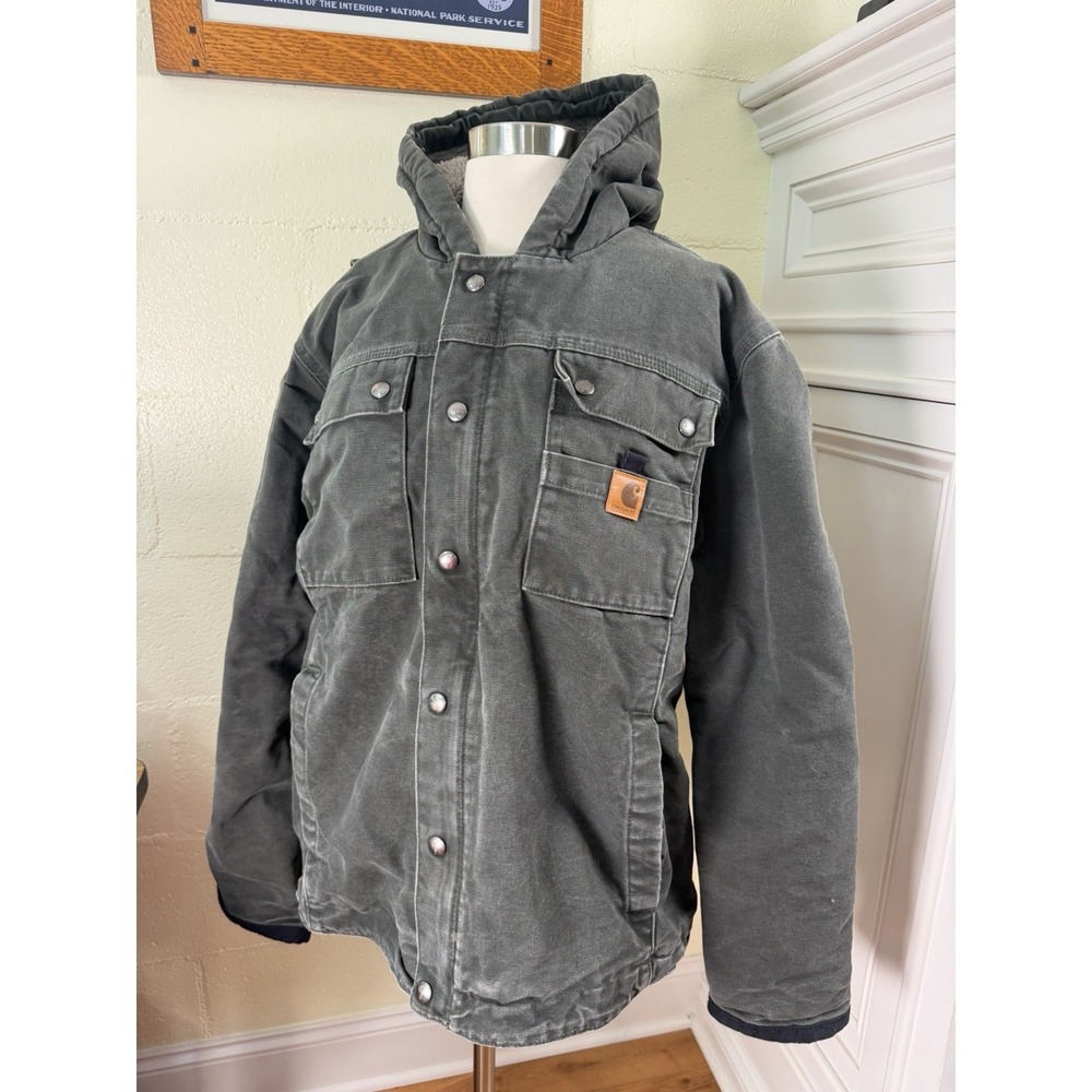 Carhartt 102285 Sandstone Duck Hooded Jacket Sherpa Lined Moss 316 Sz L